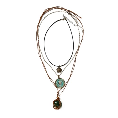 Bohemian Green Natural Crystal Stone Layered Retro Necklace 3 Piece Set for Women Leather Rope Vintage Sun Charm Choker Boho Hippie Glass Round Blue Mandala Pendant Adjustable Chain Western Jewelry
