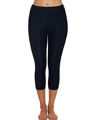 Hilor Women's UV Rash Guard Pants Crop Swim Leggings Sports Capri Tights 8 Black 1