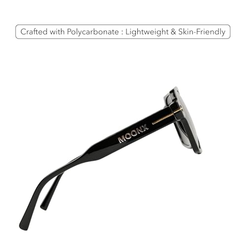 Image of MOONX Deepshift S1 UV Protected Square Sunglasses for Men & Women | Black PC Frame | Black Lens | Stylish Unisex Eyewear for Driving, Travel & Casual Outings