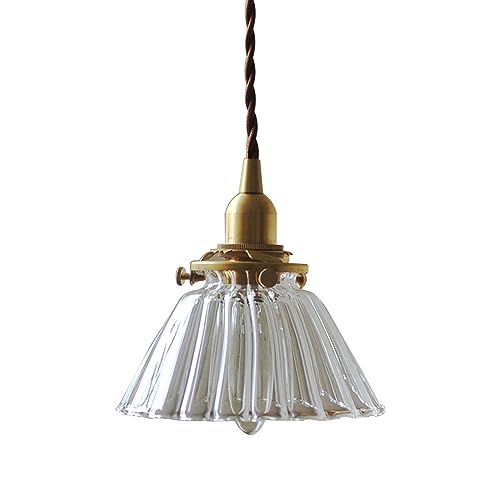 Lampada a Sospensione a Forma di Scodella con Paralume in Vetro Trasparente Pieghettato, Lampadario in Stile Artistico Americano Base E14, Supporto in Ottone Lampada a Sospensione Filo da 59 Pollici R