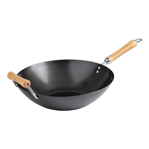 JOYCE CHEN Classic Series 14-Inch Carbon Steel Nonstick Wok Set with Lid and Birch Handles, 4 Pieces