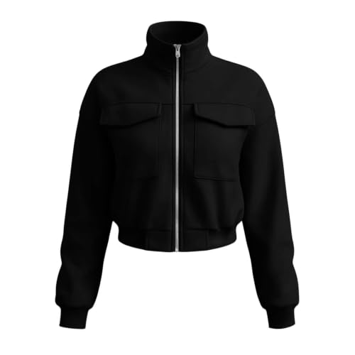 XOGWVJ Fall Tops for Women 2026 Cropped Sweatshirt for Women Zip Up Long Sleeve Jacket with Flap Pockets Relaxed Fit Casual Fall Clothes 2026 Womens Fall Hoodie Black S - image 5