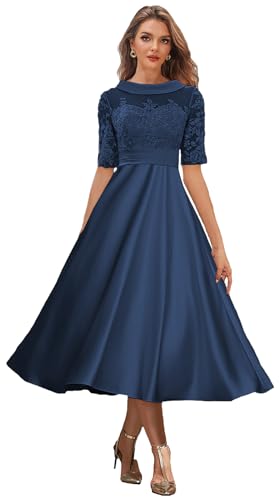 Satin Mother of The Bride Dresses for Wedding Tea Length Evening Gown Corset Lace Formal Dress with Sleeves