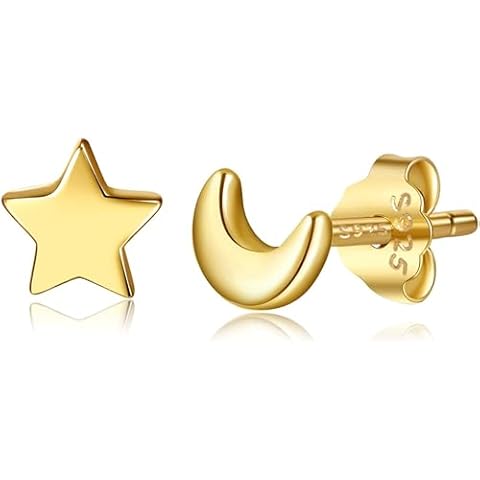 CHIC & ARTSY Moon and Star Earrings 925 Sterling Silver Stud Earrings Small Gold Star Stud Earrings for Women 6mm Cover