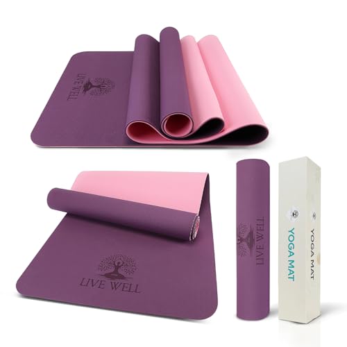 Live Well Thick Yoga Mat - 6mm TPE Non-Slip Exercise Mat for Home Gym, Dual Color (Purple/Pink) Yoga Mats for Women, 6ft x 2ft