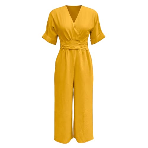 Mono elegante mujer manga media corte liso con cuello V y acabados premium 4