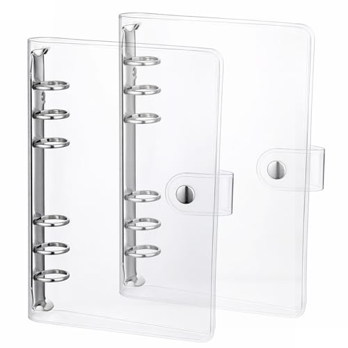 2 Pcs A6 Transparent Binder 6 Ring Soft Binder Cover PVC Clear Notebook Binders with Snap Button Closure Refillable Notebook Cover Closure Loose Leaf Folder for Notebooks Office Meeting