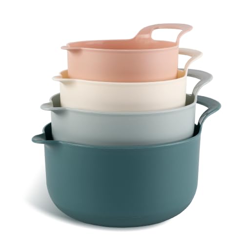 COOK WITH COLOR Nesting Plastic Mixing Bowl Set with Pour Spouts and Handles, Teal and Pink, 4 Piece Non-Slip