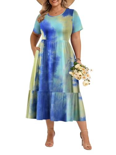 Image of LARACE Plus Size Dresses for Women Summer Casual Short Sleeve Long Dress Flowy Maxi Beach Dresses with Pockets L-6XL