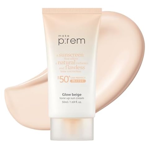 MAKE P:REM Glow Beige Tone Up Sun Cream, 1.69 Fl. Oz, 50ml, Skin Tone/Texture/Glow Care, Skin Tone Correction Cover