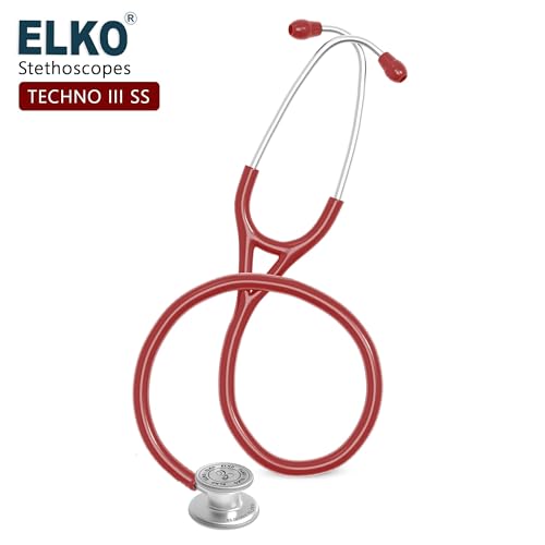 Image of ELKO TECHNO III SS Stainless Steel Stethoscope with ENGRAVING | Engrave Your Name or Initials on the Chest Piece | Lightweight Double-Sided Stainless Steel Chest piece | Two-Way PVC Tubing | Ideal for Doctors & Medical Students (Red)