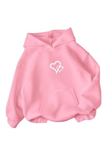 Ecolala Girls Long Sleeve Hooded Sweatshirt Oversized Graphic Hoodies Cute Pullovers Tops Light Pink 9-10Y