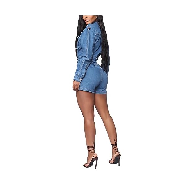 HannahZone Womens Casual Denim Romper Sexy Long Sleeve Elastic Button Down Jean Jumpsuits with Pockets