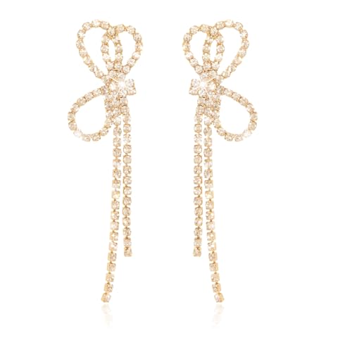 Gold Rhinestone Bow Tassel Dangle Earrings Bow Ribbon Dangle Earrings Sparkly Earrings Statement Fringe Earrings Wedding Guest Cute Jewelry For Women Prom Birthday Party Jewelry