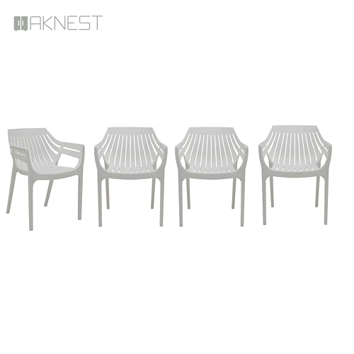 Image of OAKNEST Supreme Spectrum Plastic Arm Chair - Modern Slatted Stackable Chair for Living Room, Dining, Garden, Balcony, Restaurant & Cafe | Indoor Outdoor Designer Chair, Set of 4, Milky White