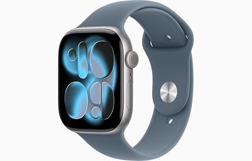 Image of Apple Watch Series 11 [GPS, 46mm] Space Gray Aluminum Case with Anchor Blue Sport Band, M /L (Renewed)