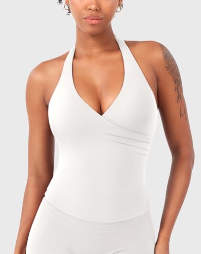 YEOREO Womens Halter Tank Tops Workout Impact Longline Strappy Top Padded Deep V Neck Wrap Gym Backless Bra Camisole3