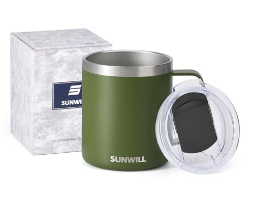 Image of SUNWILL Travel Coffee Mug with Lid, Insulated Tumbler with Handle, 14 oz Stainless Steel Cup for Camping, Office, Home, Powder Coated Olive