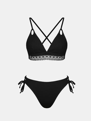 CUPSHE Women's Bikini Sets V Neck Textured Crisscross Back Lace Trim Bathing Suit Side Drawstring Low Rise4