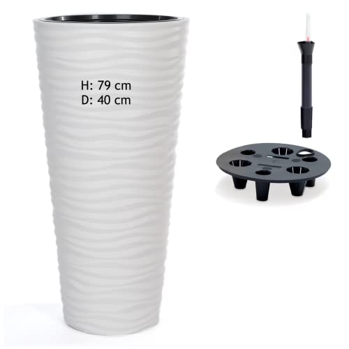 MELTOM Pot de fleurs avec système d'irrigation, effet 3D, vagues, rond, slim, couleur : blanc, diamètre x H : 40 x 79 cm, haut