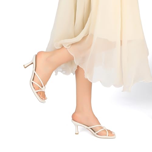 Image of Goderci Kitten Strappy Heels for Women Knotted Square Open Toe Slip On Mule Heels Mid Heeled Sandals