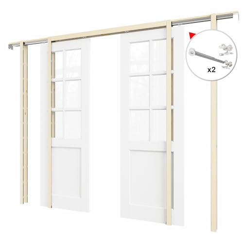Image of 72 inch x 80 inch (Double 36 inch x 80 inch) 6-Lite Clear Glass Pocket Door, Soft-Close Sliding Pocket Door with Frame & Hardware Kit Set, Primed All-Inclusive Interior Door Slab for Home, White, Need to Assemble