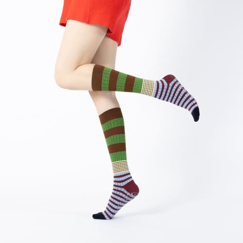 Image of Verdancy Yoga Pilates Socks with Grips for Women Striped Color-Blocked Knee Highs Non Slip Cushioned Over the Calf Socks