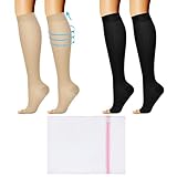 BORISCA Juego de 3 Calcetines Compresión para las Piernas en los Dedos, 2 Medias de Compresión Elásticas Mujer y Hombre + 1 Bolsa de Malla Fina, Medias de Compresión Varices, Edema del Pie ( L/XL )