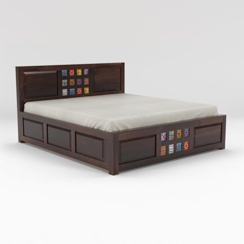 Image of SONA ART & CRAFTS Taurus Solid Sheesham Wood King Size Bed with Storage Box | Bed King Size Cot | Rajasthani Jodhpuri Tile Double Bed with Box for - Walnut Finish (Assembly Included)