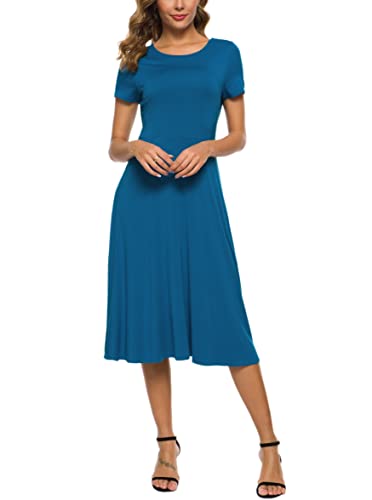 Image of EXCHIC Women's Casual Round Neck Short Sleeve Midi Dress Solid Stretchy Waist Knee Long Dress