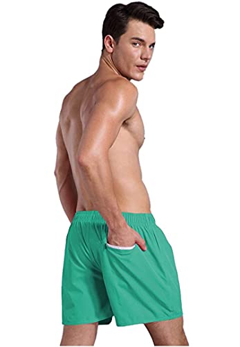 Men's Summer Casual Beach Swim Trunks Drawstring Quick Dry Pure Cotton Shorts Slim fit Lightweight Side Pockets Short (Green,Medium)3