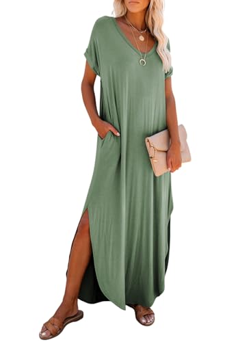 Image of Dokotoo Summer Dresses for Women 2026 Casual Maxi Dress V Neck Cap Sleeve Long Sundress with Pockets Beach Vacation