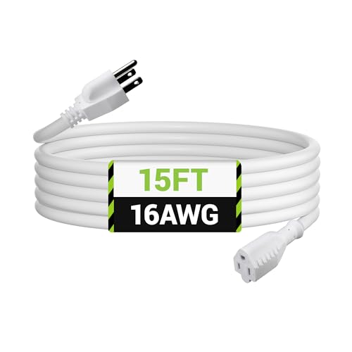 BN-LINK 15ft Outdoor Extension Cord 3-Prong 16 Gauge General Purpose Power Cord Grounded Plug White for Landscaping & Holiday Decorations Home & Office 13A ETL