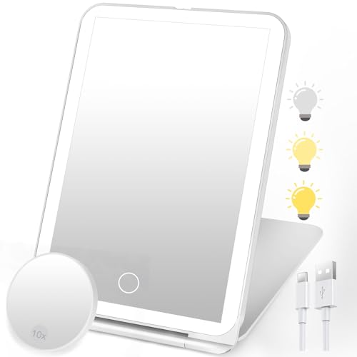 SURFOU Miroir de Maquillage Lumineux Professionnel, 3 Tons de Lumière, Miroir Magnifiant 10X, écran Tactile, Batterie 1000mAh USB Rechargeable - pour Voyage...