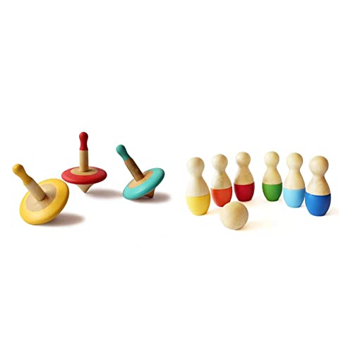 shumee Wooden Spinning Toys-Set +Mini Bowling Pins Toy Set-(Set of 2Toys)
