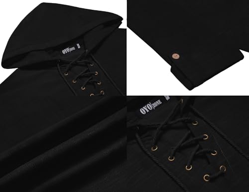 OYOZONE Linen Shirts for Men Long Sleeve Camisa de lino para Hombre lace up Black Hoodie Vintage Men Medieval Tunic — view 4