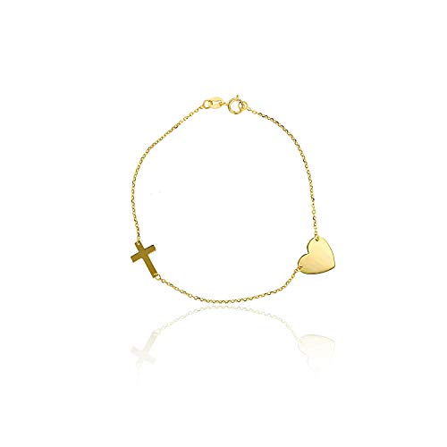 10K Yellow Gold Diamond Cut Polished Heart Charm and Sideways Cross Bracelet, 7