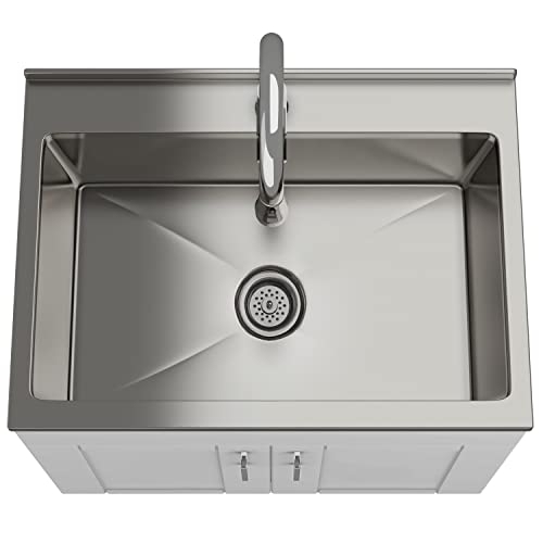Image of SIMPLIHOME Modern Wide Shaker 28 inch Wide Stainless Steel Sink Laundry Cabinet | Transitional laundry cabinet with a high-arch chrome faucet for laundry rooms; Modern Wide Shaker utility sink or wash tub.