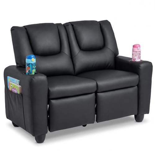 Costzon 2-Seater Kids Recliner PU Leather Kids Loveseat w/2 Cup Holders & 2 Side Storage Pockets Toddler Lounge Sofa Chair Couch w/Adjustable Backrest & Footrest for Girls & Boys 3+ Years Old Gifts