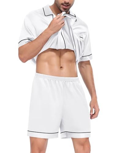 Image of SWOMOG Satin Matching Pajamas Sets Couple Silk Button Down Nightwear Men & Women Short Sleeve Sleepwear 2 Pieces Loungewear White