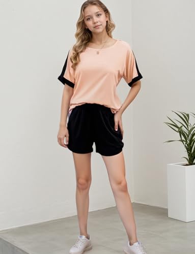 SELINK Girls Travel Outfits Set Rainbow Striped Two Piece Lounge Sets Casual Sweat Tracksuit Matching Runner Shorts3