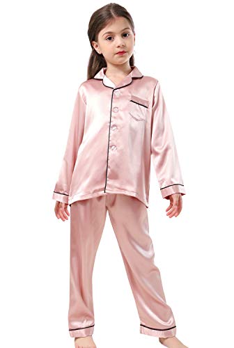 Image of Pajamas Kid Unisex Pjs Set Girls Boys Silk Pajamas Set Satin Long Sleeve 2 Piece Clasic Sleepwear for 2-12 Years Todder