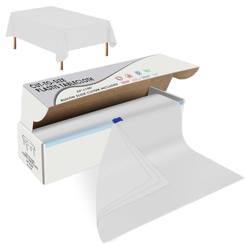 Image of tujol White Disposable Plastic Table Cloth Roll 54 inch X 100', Plastic Table Cover with Cutter Box, Cut to Size Disposable Tablecloth for Parties