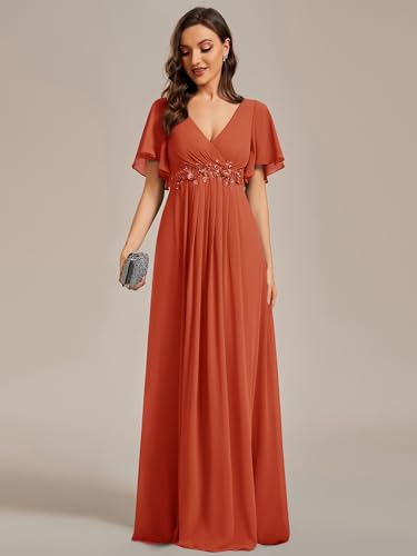 Image of Ever-Pretty Womens V Neck Applique Mother of the Bride Dresses Formal Dress | Chiffon, Short Sleeves, Ruched, A-Line, Bridesmaid Dresses, Formal Gown, Black Tie Dress