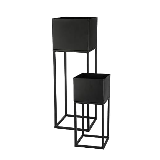 Spetebo Metall Blumentopf Ständer 2er Set schwarz für Außen - 58 / 37 cm - Garten Pflanzsäule mit integriertem Übertopf - Blumenhocker Blumentreppe Pflanzenständer Topf Halter wetterfest