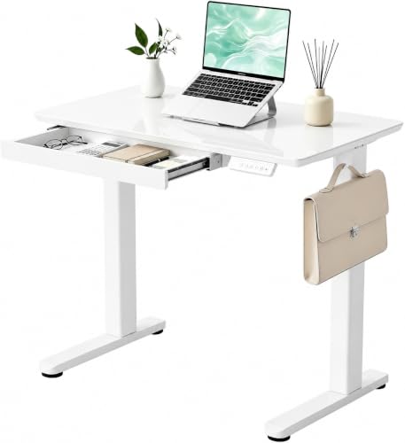 Image of YDN Glass Standing Desk with Drawers 32x19 Inch White