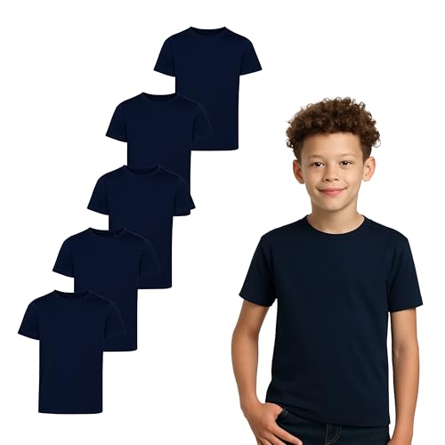 Gift Hub Boys & Girls T-Shirts for Kids (Pack of 5) | Cotton, Plain, Short Sleeve, Comfortable & Durable Tops in Multicolor | Best for School, Sports, Travel & Outdoor Activities | Navy Blue, 7-8 Yrs