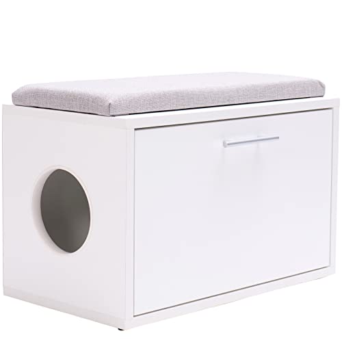 Caja de arena versátil para gatos de 23.6 pulgadas de largo, casa para gatos, muebles de interior para gatos ocultos con entrada lateral derecha, banco de entrada blanco con cojín, recinto para gatos Cover