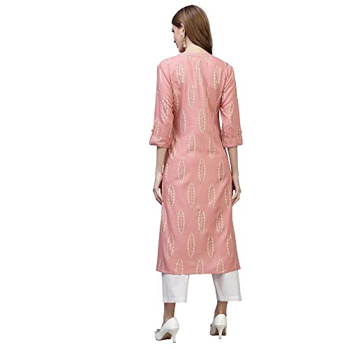 Image of Stylum Women's Turquoise Block Printed Rayon A-Line Kurta | Office Kurtas for Women (Available in Plus Sizes)
