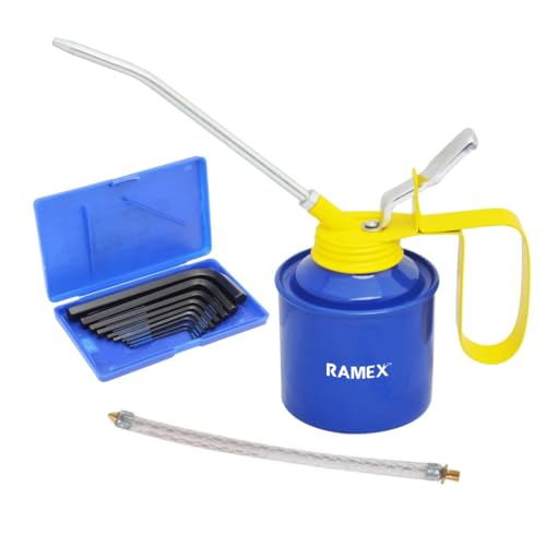 Image of RAMEX 9pc Hex Allen Key Set In Plastic BLUE Box, Sizes: 1.5, 2, 2.5, 3, 4, 5, 6, 8, 10 Oil Can with FIXED AND FLEXIBLE SPOUT For Vehicles -1 /2 Pint Capacity. Glossy Blue & Yellow